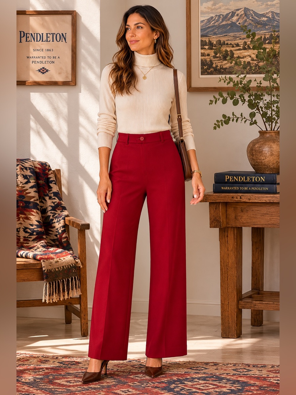 PENDLETON Women's 12 Pants 100% VIRGIN WOOL Red USA Fabric Straight Wide Leg